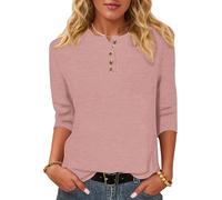 WNEEDU Maglietta a Maniche 3/4 Donna - Henley T-Shirt Camicetta a Maglia | Maglione Leggero e Sottile,Casual Basic Blusa,Bottoni Scollo a Rotondo,Indossabile Tutto l'anno,Maniche a Tre Quarti