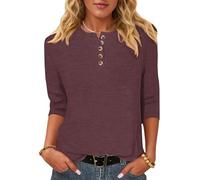 WNEEDU Maglietta a Maniche 3/4 Donna - Henley T-Shirt Camicetta a Maglia | Maglione Leggero e Sottile,Casual Basic Blusa,Bottoni Scollo a Rotondo,Indossabile Tutto l'anno,Maniche a Tre Quarti
