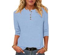 WNEEDU Maglietta a Maniche 3/4 Donna - Henley T-Shirt Camicetta a Maglia | Maglione Leggero e Sottile,Casual Basic Blusa,Bottoni Scollo a Rotondo,Indossabile Tutto l'anno,Maniche a Tre Quarti
