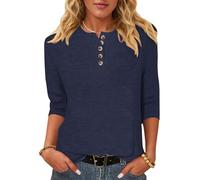 WNEEDU Maglietta a Maniche 3/4 Donna - Henley T-Shirt Camicetta a Maglia | Maglione Leggero e Sottile,Casual Basic Blusa,Bottoni Scollo a Rotondo,Indossabile Tutto l'anno,Maniche a Tre Quarti