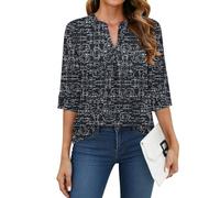 WNEEDU Maglietta Donna a Manica 3/4 Scollo V - T-Shirt Estivo Basic Eleganti Top Argento Inchiostro luccichante XXL