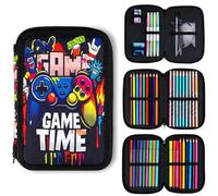 WnlahuWA 45 astucci per matite, 3 scomparti, set per ragazzi, design graffiti con gamecontroller, matite colorate, pennarelli, righello, gomma, temperamatite, perfetto per scuola, ufficio e bambini