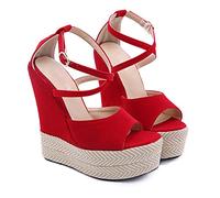 WNRLL Donna Zeppa Sandali Zeppe Estate Pompe Tacchi Alti Piattaforma Peep Toe Fibbia Cinturino Scarpe Moda,Rosso,35 EU