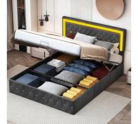 Wnvivi 140 x 200 cm, letto matrimoniale imbottito con rete a doghe, letto per adulti con LED, design trapuntato, testiera regolabile in altezza, tessuto in velluto (nero, 140 x 200 cm)