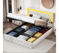 Wnvivi 160 x 200 cm, letto matrimoniale imbottito con rete a doghe, letto per adulti con LED, design trapuntato, testiera regolabile in altezza, tessuto in velluto (beige, 180 x 200 cm)