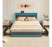 Wnvivi Letto matrimoniale imbottito 140 x 200 cm, letto con 4 cassetti, letto per adulti con rete a doghe, illuminazione a LED, testiera con funzione di ricarica