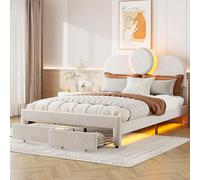 Wnvivi Letto matrimoniale imbottito 140 x 200 cm, letto da ragazza con 2 cassetti, struttura letto con testiera a LED regolabile in altezza e rete a doghe, letto per ragazzi (beige B, 140 x 200 cm)