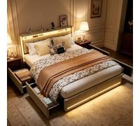 WOBOPCG Letto 140 x 190 con rete a cassaforte, letto imbottito con contenitore letto cassettiera con LED e presa USB lIt Double con contenitore in tavola imbottita con contenitore (beige, lino, 140 x