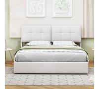 WOBOPCG Letto baule 140 x 200, letto adulto con contenitore telaio del letto con LED, letto cassapanca con testiera doppia, imbottita, letto con rete in tavola (bianco sporco, velluto, 140 x 200 cm)