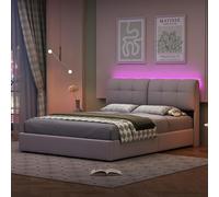 WOBOPCG Letto baule 160 x 200 con LED,Letto imbottito con baule imbottito LED idraulico letto baule con testiera per 2 persone (bianco sporco+flanella, 160 x 200)