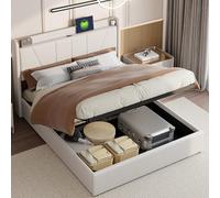 WOBOPCG Letto baule 160 x 200, letto imbottito con baule imbottito idraulico letto con testiera per 2 persone (beige+lino, 160 x 200)