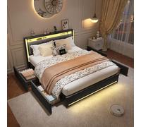 WOBOPCG Letto imbottito a due piazze 140x190, letto con cassetti e rete a doghe 4 cassetti con letto a doghe, con ricarica USB e luce, con spazio di archiviazione, struttura del letto (grigio scuro