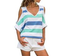 wodceeke Camicetta da Donna Casual a Righe con Spalle Scoperte, Colore Patchwork - Blu - XX-Large