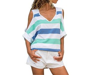 wodceeke Camicetta da Donna Casual a Righe con Spalle Scoperte, Colore Patchwork - Blu - XX-Large