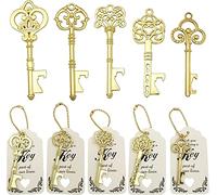 Wodegift, Confezione da 50 apribottiglie a forma di chiave, con targhette e catenelle, adatti come bomboniere, regali e decorazioni rustiche per matrimoni, feste e addii al nubilato (oro)