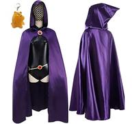 WODEJIAOBAO Costume da cosplay Teen Titans Raven, uniforme per Halloween, tuta con cintura e mantello viola, con 1 peluche portachiavi (L-large)
