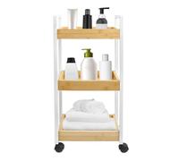 WODFARR Carrello da bagno, mensola sottile da bagno, carrello portaoggetti a 3 livelli su ruote, gambe in ferro + cestino in legno, salvaspazio, 20 x 30 x 80 cm (bianco)