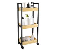 WODFARR Carrello da bagno, mensola sottile da bagno, carrello portaoggetti a 3 livelli su ruote, gambe in ferro + cestino in legno, salvaspazio, 20 x 30 x 80 cm (nero)