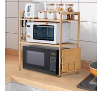 WODFARR Microonde Rack, supporto per forno a microonde in bambù, mensola a microonde, ripiano per microonde, scaffale per microonde, regolabile per scaffali da cucina con 4 ganci (52 x 37 x 65 cm,