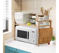 WODFARR Supporto per forno a microonde, in bambù, scaffale da cucina con 4 ganci e supporto per tagliere, mensola da forno, porta spezie (colore legno-2 strati, 52 x 30 x 35 cm)