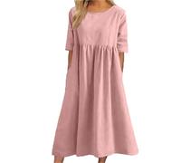 WODOLL Maxi abito da donna in cotone e lino, girocollo, mezze maniche, taglie forti, casual, comodo, lungo abito con tasche, A02 Rosa, L