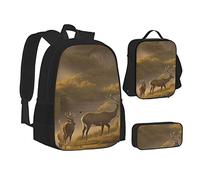 woerexker Set di 3 zaini con fenicotteri sulla spiaggia con tasca zaino a tracolla borsa portapranzo borsa per il pranzo per zaino da viaggio, Motivo stampa cervo, Taglia unica, Organizer per borse