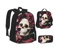 woerexker Sunflower Over The Mountain and Field Set di tre pezzi zaino con tasca zaino Cross-Body Lunch Bag Pen Bag per viaggio Daypack, Teschio Con Fiori, Taglia unica, Organizer per borse