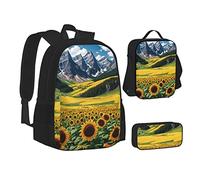 woerexker Sunflower Over The Mountain and Field Set di tre pezzi zaino con tasca zaino Cross-Body Lunch Bag Pen Bag per viaggio Daypack, Girasole sopra le montagne e il campo, Taglia unica, Organizer