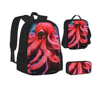 woerexker Zainetto a tre pezzi con scheletro di zucca, zaino con tasca, borsa per il pranzo a tracolla, borsa portapenne, zaino da viaggio, Polpo Rosso, Taglia unica, Organizer per borse