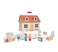 Woet® - Casa delle Bambole Pieghevole Giocattolo in Legno per Bambini - Casa delle Bambole con 18 Mobili e 2 Bambole - Facile da Trasportare - A Partire da 3 Anni - Regalo per Bambini e Bambine