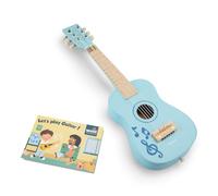 Woet® Chitarra Giocattolo Blu in Legno, 6 Corde e Libretto | Chitarra giocattolo in legno, 6 corde, tracolla, corda di ricambio e libretto musicale, ritmo e melodia, da 3 anni
