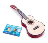 Woet® Chitarra giocattolo marrone in legno, 6 corde e libretto | Chitarra giocattolo in legno, 6 corde, tracolla, corda di ricambio e libretto musicale, ritmo e melodia, da 3 anni