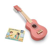 Woet® Chitarra giocattolo rossa in legno, 6 corde e libretto | Chitarra giocattolo in legno, 6 corde, tracolla, corda di ricambio e libretto musicale, ritmo e melodia, da 3 anni