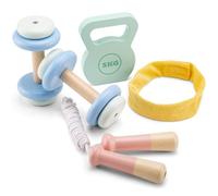 Woet® Set fitness giocattolo in legno, 5 pezzi | Set palestra giocattolo, manubri, kettlebell e corda per saltare, gioco attivo e di imitazione, da 3 anni