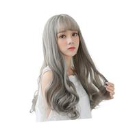 WOFASHPURET Parrucca Lunga Riccia da Donna Grigia Frangia Smussata, Copertura Chioma Realistica Ventilata per Feste, Cosplay e Uso Quotidiano (60 Cm)