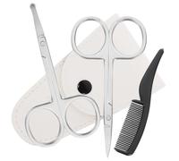 WOFASHPURET Set Tagliabarba 4 Pezzi in Acciaio Inox Antiruggine Forbici per Baffi Appuntite e Tonde, Pettine Portatile e Custodia in Pelle Bianca per Cura Barba Uomo Professionale e Domestica