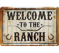 WOGEKA ART Targa in metallo retrò - Welcome to the Ranch - Western Cowboy, scritta divertente come idea regalo per la decorazione, 20 x 30 cm, in metallo dal design vintage 988