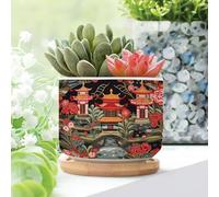 WoGuangis Chinoiserie - Set di 1 vaso per piante in ceramica a più livelli con torre asiatica asiatica e fiori rossi, per interni, stile giapponese asiatico, piccolo vaso in ceramica