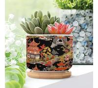 WoGuangis Set di 1 fioriera in ceramica a più livelli con torre asiatica e fiori, in ceramica, colore rosso e grigio, corallo, torre asiatica, per piante da interno, cineserie, piante grasse, vaso per