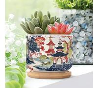 WoGuangis Set di 3 fioriere in ceramica a torre asiatica a più livelli con fiori ad acquerello, colore rosso e blu scuro asiatico, con drenaggio, vasi di cineserie per piante grasse da interni