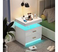 Wohenster Comodino lucido con 2 cassetti, comodino in legno, Mesita de Noche LED, Mesitas de Noche Dormitorio con 2 Cajones y Toma de Corriente, Mesa de Noche,Mesillas de Noche Dormitorio 50x40x58cm