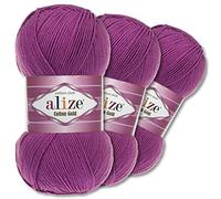 Wohnkult Alize 3 gomitoli di lana di cotone Gold Premium da 100 g, 59 colori per lavorare a maglia Amigurumi per tutto l'anno (122 | prugna)
