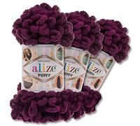 Wohnkult Alize 3 x 100 g Puffy Premium Lana 62 selezione ciniglia lana con passanti per lavorare a maglia e uncinetto senza attrezzi (111 | Prugna