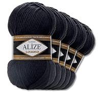 Wohnkult Alize 5 x 100 g Lanagold | 53 colori | Lana per lavorare a maglia e uncinetto (60 | Nero)
