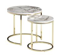 WOHNLING Design Set di 2 Rotonde Aspetto Marmo Bianco | Tavolino in 2 Parti Struttura del Tavolo Metallo Oro | Tavolini da Salotto | Tavolini impilabili Moderni