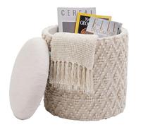 WOHNLING Pouf contenitore in lana 40cm Crema Tessuto Rotondo - Design Boho Pouf in tessuto con coperchio rimovibile - Pouf imbottito per toletta - Pouf laterale per soggiorno Fatto a mano