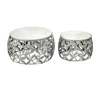 WOHNLING Tavolino Set di 2 Alluminio Argento Piano in Marmo Bianco | tavolini impilabili rotondo armonioso, tavolini superfici di appoggio per bevande e decorazioni