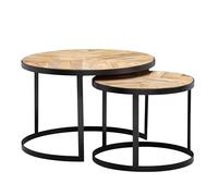WOHNLING tavolino Set di 2 Tavolo da Salotto in Legno massello/Metallo Industriale Rotondo | Tavolino con Gambe in Metallo Nero | Tovaglietta in Legno a 2 Pezzi