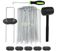Wohohoho 100 pioli a membrana per il controllo delle erbacce + 100 rondelle tampone, con gancio e martello nero. Picchetti per erba artificiale da 15,2 cm, picchetti per giardino, paesaggi per tenda