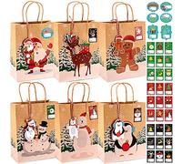 wohot Sacchetti Regalo di Natale con Manici, 24 Sacchetti Regalo Natalizi in Carta Kraft - 6 Modelli a Tema Natalizio con 33 Adesivi su Cui Puoi Scrivere il Nome e 24 Tag Regalo (23 x 9 x 18cm)